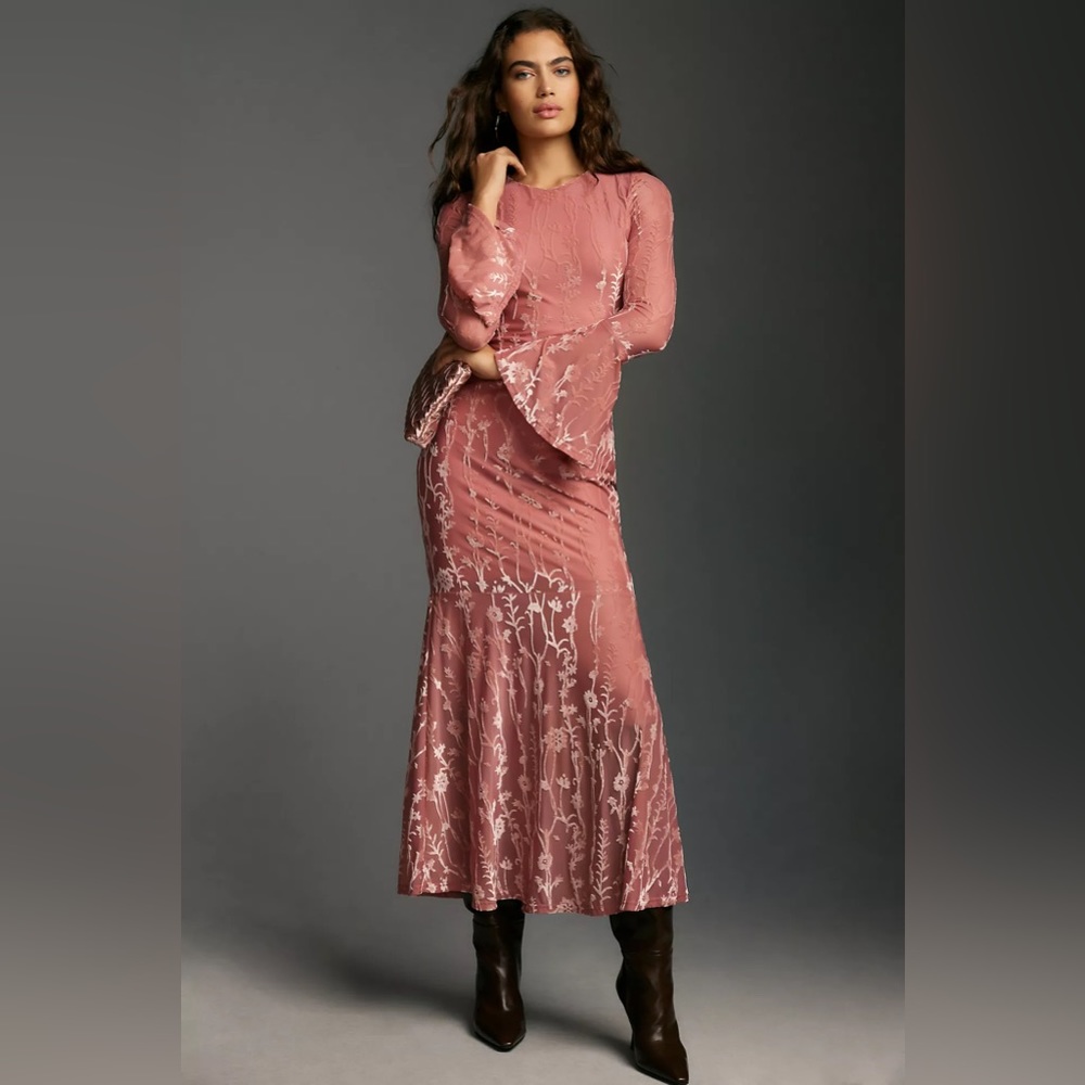 NWT Long-Sleeve Velvet Burnout Slim Midi Dress